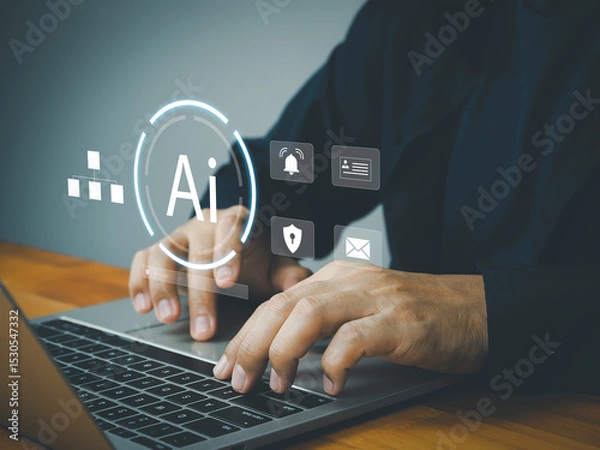 Fototapeta An artificial intelligence concept with person typing on laptop keyboard, digital icons for security, notification, and email, technology innovation and futuristic interface
