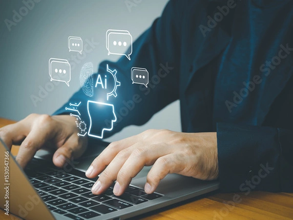Fototapeta An artificial intelligence concept with human hands typing on laptop keyboard and digital icons floating above, symbolizing ai technology and communication innovation