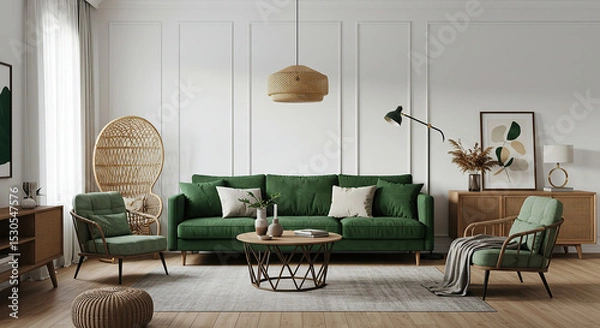 Obraz Serene living room ambiance with green sofa, rattan accents, and minimalist decor