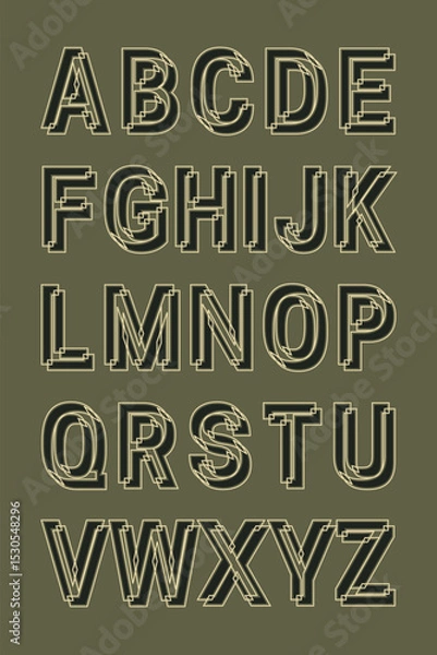 Fototapeta Modern geometric alphabet with techno-style 3D effect. Bold uppercase letters with striped outlines and futuristic look. Great for digital, sci-fi, and innovation themes.
