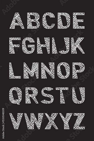 Fototapeta Hand-sketched uppercase alphabet with chaotic lines and textured scribble style. Decorative rough font ideal for creative, grunge, or handmade designs.