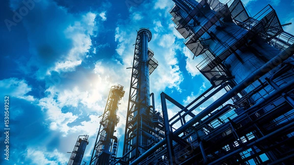 Fototapeta Abstract refinery silhouette with geometric shapes against gradient sky, symbolizing industrial innovation and modern energy production
﻿