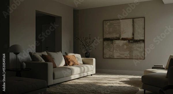 Obraz Serene Living Room Interior with Modern Design Elements and Warm Lighting