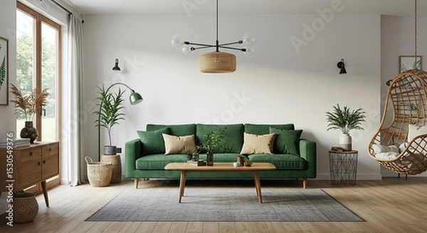 Obraz Serene Living Room Interior with Green Sofa and Natural Elements, A Blend of Modern Design