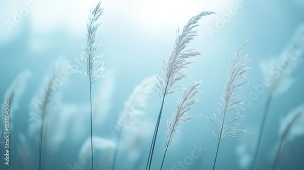 Obraz Blurred background of tall grasses at sunset with light blue and white ethereal sky, swaying wildflowers in gentle breeze conveying tranquility and harmony with nature in high-resolution photography