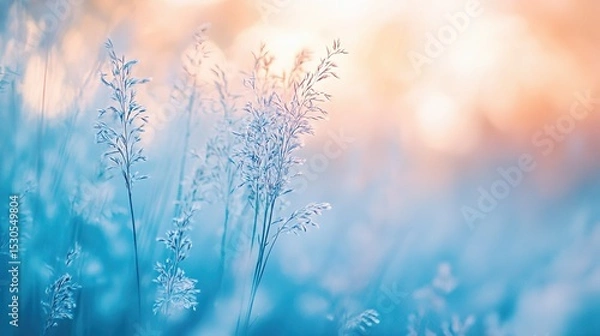 Obraz Blurred background of tall grasses at sunset with light blue and white ethereal sky, swaying wildflowers in gentle breeze conveying tranquility and harmony with nature in high-resolution photography