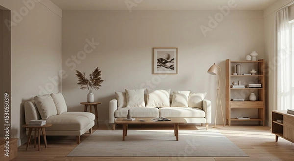 Obraz Serene living room showcasing minimalist design and natural light, a peaceful ambience