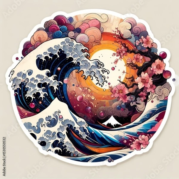 Fototapeta Japanese Wave Art with Sunset and Flowers in Fusion of Ukiyoe Style and Modern Illustration with Generative AI.