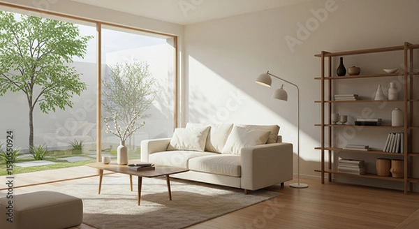 Obraz Serene minimal living space with outdoor view and natural sunlight ambiance