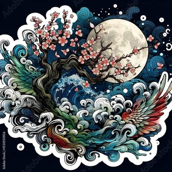 Fototapeta Japanese Wave Art with Sunset and Flowers in Fusion of Ukiyoe Style and Modern Illustration with Generative AI.