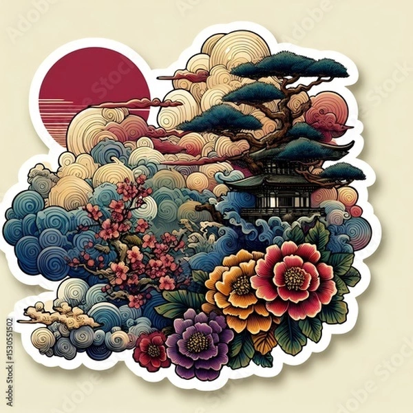 Fototapeta Japanese Wave Art with Sunset and Flowers in Fusion of Ukiyoe Style and Modern Illustration with Generative AI.
