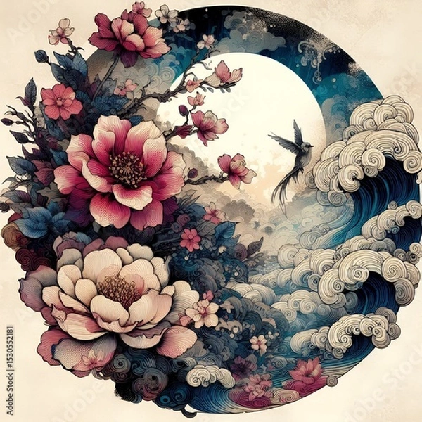 Fototapeta Japanese Wave Art with Sunset and Flowers in Fusion of Ukiyoe Style and Modern Illustration with Generative AI.