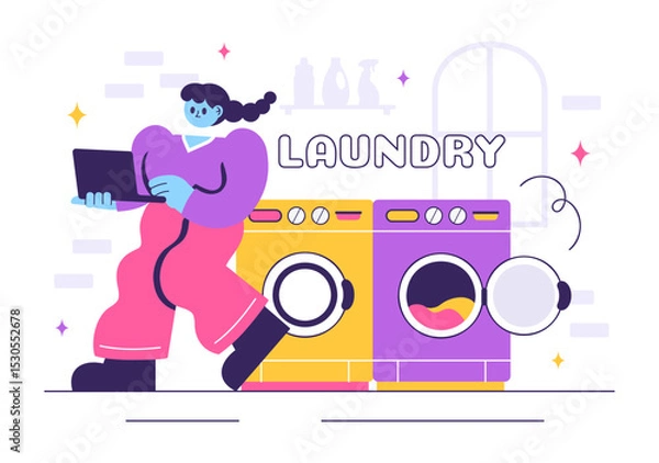 Obraz Laundry Room Vector Illustration Featuring Washing and Drying Machines, with a Basket Filled with Dirty Clothes in a Flat Style Cartoon Background