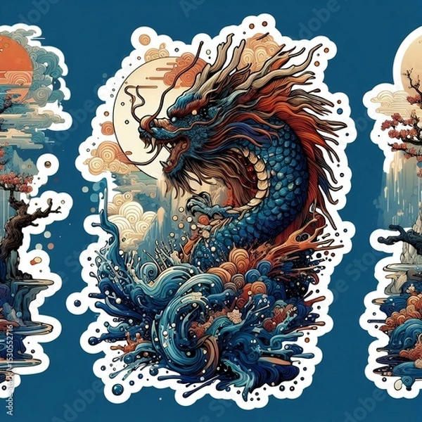 Fototapeta Japanese Wave Art with Sunset and Flowers in Fusion of Ukiyoe Style and Modern Illustration with Generative AI.