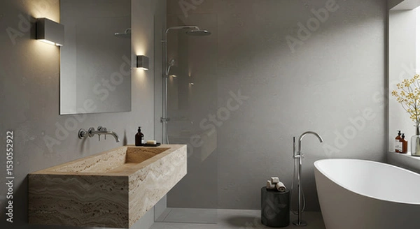 Obraz Serene modern bathroom showcasing travertine sink and minimalist design elements