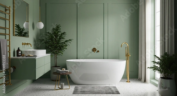Obraz Serene sage green bathroom with modern freestanding tub and opulent gold accents