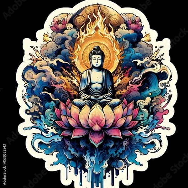 Fototapeta Japanese Wave Art with Sunset and Flowers in Fusion of Ukiyoe Style and Modern Illustration with Generative AI.