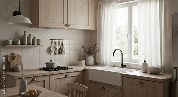 Obraz Serene Scandinavian Kitchen Interior with Natural Light and Minimalist Design
