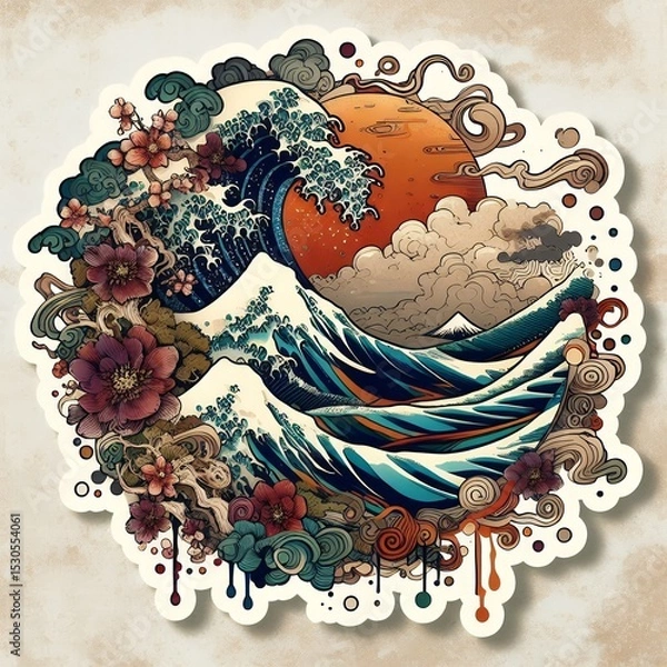 Fototapeta Japanese Wave Art with Sunset and Flowers in Fusion of Ukiyoe Style and Modern Illustration with Generative AI.
