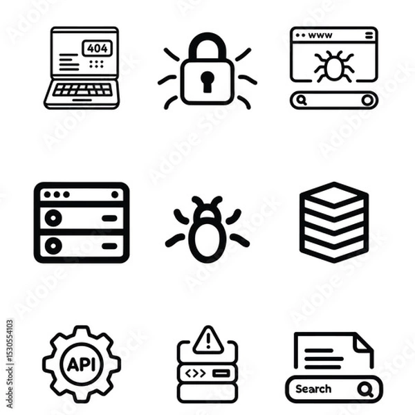 Obraz Modern Technology and Web Development Icon Pack – Bug, API, Server, Search, SSL, Error, and Data Icons