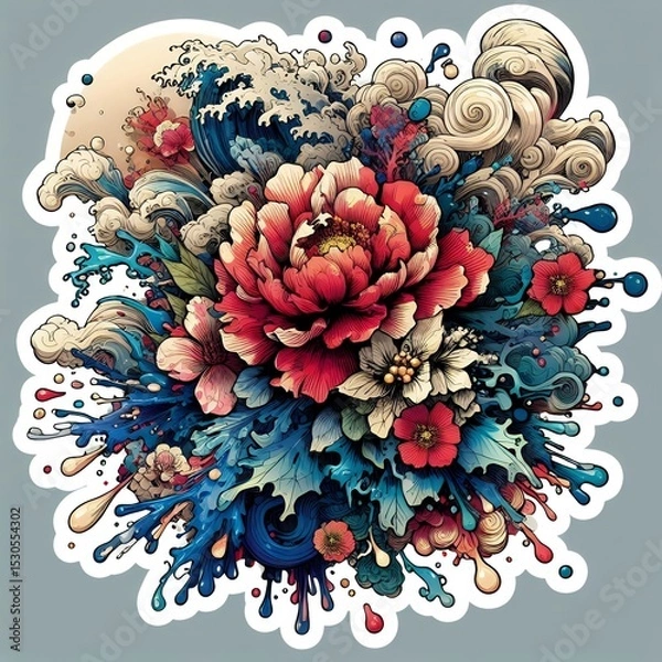 Fototapeta Japanese Wave Art with Sunset and Flowers in Fusion of Ukiyoe Style and Modern Illustration with Generative AI.