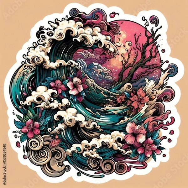 Fototapeta Japanese Wave Art with Sunset and Flowers in Fusion of Ukiyoe Style and Modern Illustration with Generative AI.