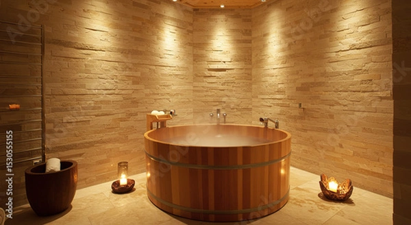 Obraz Serene spa retreat with wooden tub and candlelit ambiance for relaxation