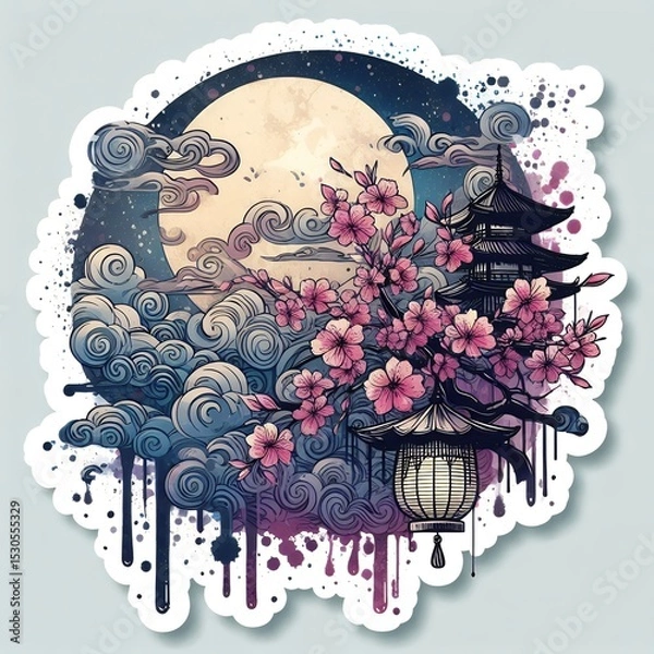 Fototapeta Japanese Wave Art with Sunset and Flowers in Fusion of Ukiyoe Style and Modern Illustration with Generative AI.