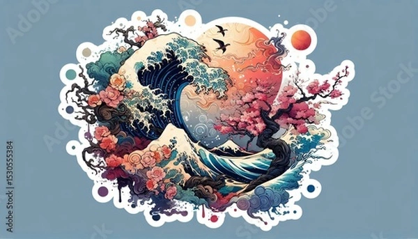 Fototapeta Japanese Wave Art with Sunset and Flowers in Fusion of Ukiyoe Style and Modern Illustration with Generative AI.