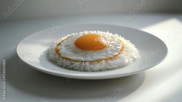 Obraz Fried Egg on Rice Served on White Plate in Soft Natural Light