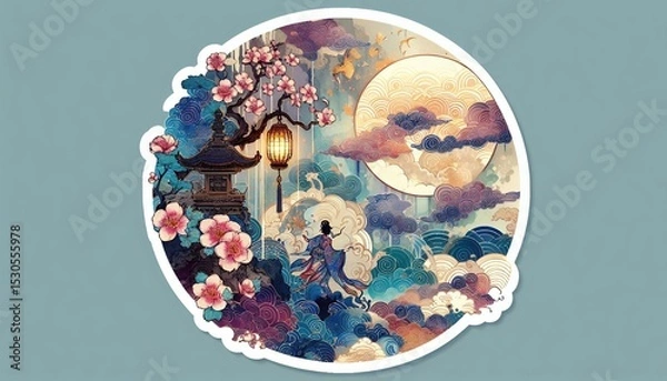 Fototapeta Japanese Wave Art with Sunset and Flowers in Fusion of Ukiyoe Style and Modern Illustration with Generative AI.