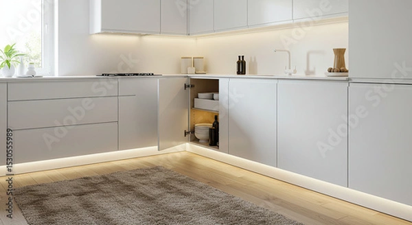 Obraz Sleek minimalist kitchen featuring streamlined white cabinets and subtle lighting