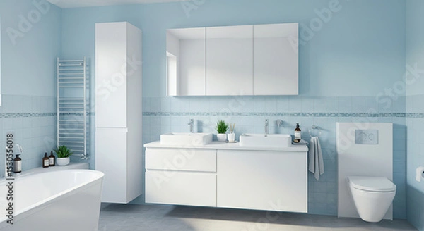 Obraz Sleek Modern Bathroom Interior with Double Sink Vanity and Minimalist Design