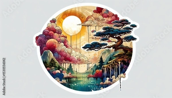 Fototapeta Japanese Wave Art with Sunset and Flowers in Fusion of Ukiyoe Style and Modern Illustration with Generative AI.
