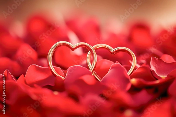 Fototapeta Two gold rings intertwined in a heart shape on red rose petals, symbolizing eternal love, romance, and elegant commitment. Concept of wedding, Valentine's Day, and timeless devotion