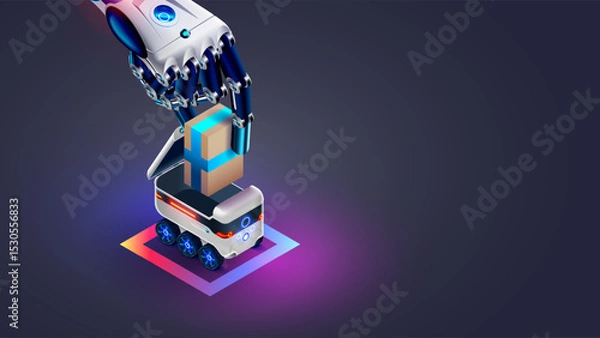 Fototapeta AI manages the delivery of goods from an online store using autonomous robots. Automated delivery, logistics using wheeled vehicles . A cyborg hand loads a package into the back of a delivery robot.