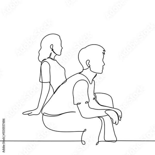 Fototapeta man and woman sitting side by side in profile looking in the same direction - one line art vector. concept opposite-sex friends, siblings, silence together, quiet, quarrel