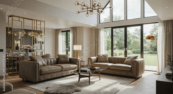 Obraz Sophisticated living room interior with designer lighting and natural light