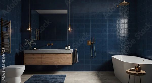 Obraz Stylish bathroom design with blue tiles modern fixtures and luxurious atmosphere