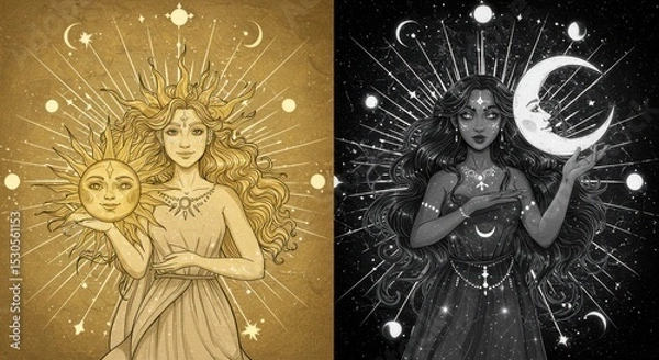 Fototapeta Symmetrical Sun and Moon Goddesses with Celestial Objects