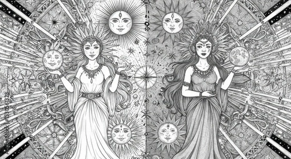 Fototapeta Symmetrical Sun and Moon Goddesses with Celestial Objects