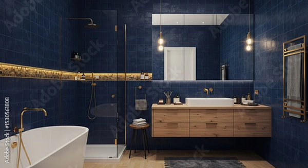 Obraz Stylish bathroom design with deep blue tiles, wood cabinetry, and golden accents
