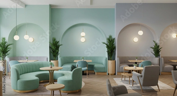 Obraz Stylish restaurant interior design with pastel tones and modern furniture arrangement