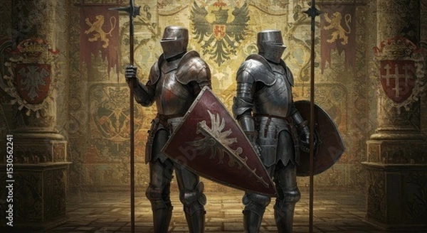 Fototapeta Two Armored Knights Facing Outward with Spears and Shields