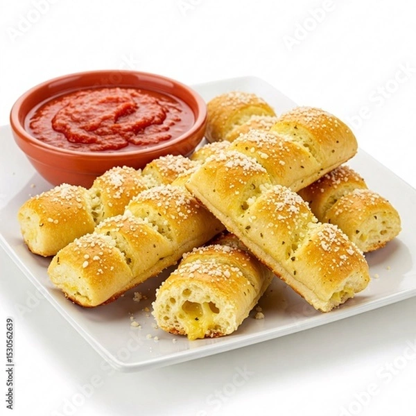 Fototapeta Appetizing golden breadsticks with a toasted crust are served alongside a sauce, ready for consumption