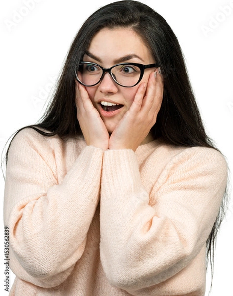 Fototapeta Portrait of a beautiful girl in a pink jumper, looks aside with pensive expression, is considering a plan for further action.