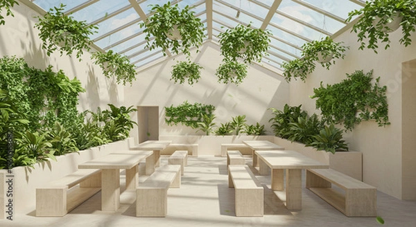Obraz Verdant Interior with Tables, Benches, and a Glass Roof Allowing Natural Light