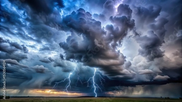 Fototapeta Stormy atmosphere with dark grey clouds and scattered blue sky patches