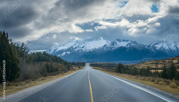 Fototapeta Majestic Mountain Road Under Cloudy Skies With Snow-Capped Peaks Visible in the Background