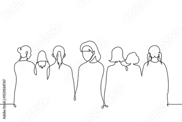 Fototapeta woman turned around there are women standing behind her she looks straight at camera, portrait without face - one line art vector. concept one person notices among crowd